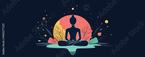 Peaceful meditation: abstract silhouette of person in lotus pose with celestial elements.