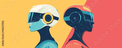 Two futuristic figures in stylized helmets and visors against colorful background.