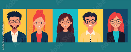 Group of diverse young adults smiling with glasses against colorful backgrounds.