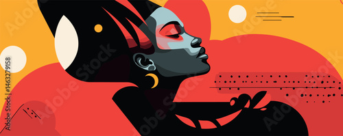Abstract portrait of woman with bold colors and geometric patterns on vibrant background.