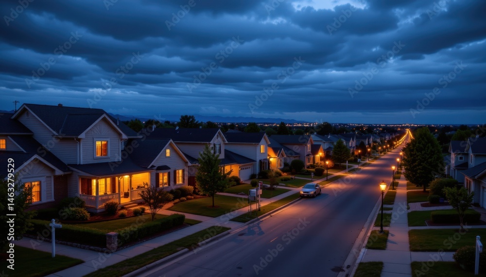 Fototapeta premium Evening stroll through a residential neighborhood city suburbs photography twilight aerial view urban living