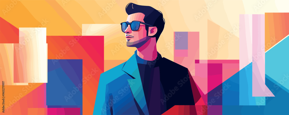 Stylish man in sunglasses with modern abstract cityscape background in vibrant colors.