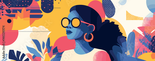 Colorful abstract portrait of a woman in sunglasses and hoop earrings with a vibrant background.