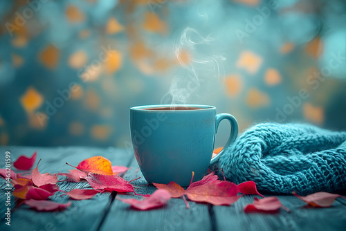 Warm Autumnal Scene with a Blue Mug and Knitted Sweater