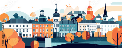 Charming autumn townscape with historic buildings and colorful trees.