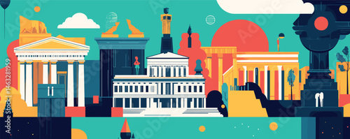 Colorful abstract landmarks illustration: iconic buildings and monuments in vibrant art.