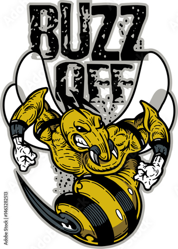buzz off team design with mean wasp or bee mascot for school, college or league sports