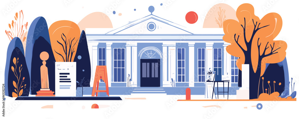 Obraz premium Elegant museum facade with art display, autumn trees, and classical columns in minimalist vector style.