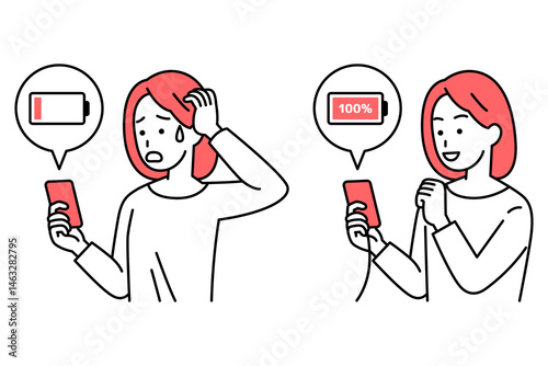 スマートフォンのバッテリーを充電しているカジュアルな女性　セット