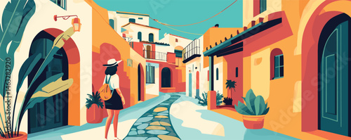 Woman exploring colorful mediterranean village street with unique architecture.