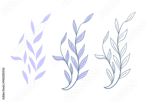 Line art of a series of leaves curling around each other in detail, elegant and simple details for a smooth shape. Vector illustration of leaves with elegant and simple botanical elements