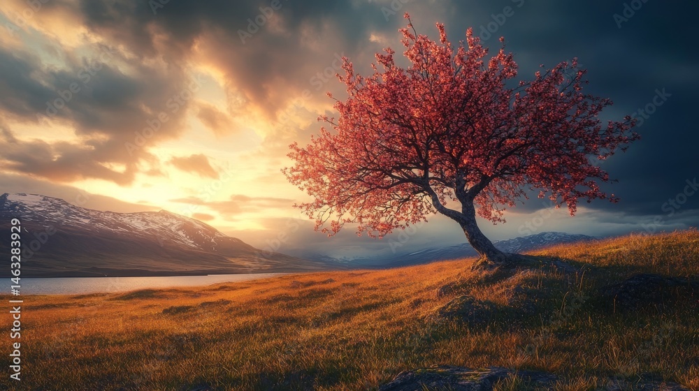 Fototapeta premium Solitary pink blossom tree against a dramatic sky. A majestic landscape, with a lake, mountains, and sunset in the background.