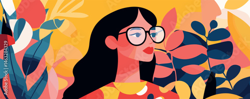 Vibrant abstract portrait of a woman in glasses amidst colorful foliage.