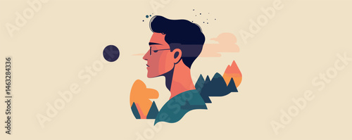 Illustrated profile of young adult man with glasses amidst nature elements.