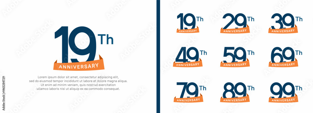 Naklejka premium set of anniversary logo style orange ribbon. vector design blue color for celebration