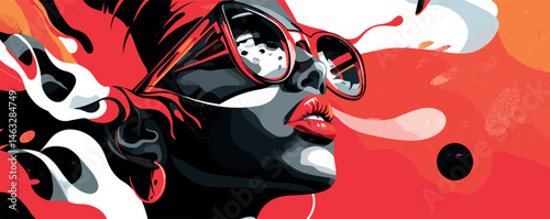 Vibrant abstract pop art of a woman with sunglasses in red and black tones.