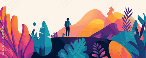 Person hiking in vibrant abstract landscape with colorful mountains and lush foliage.