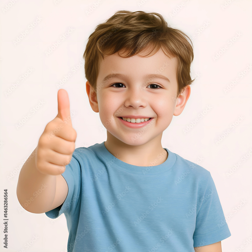 Smiling Young Boy Giving Thumbs Up Gesture – Happy Child Showing Approval in Casual Blue Shirt Smiling Young Boy Giving Thumbs Up Gesture – Happy Child Showing Approval in Casual Blue Shirt