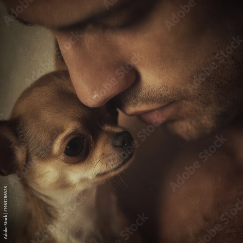 Close-up portrait of a man and a small dog.