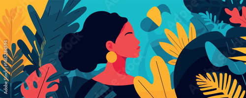 Vibrant abstract illustration of a woman amidst colorful tropical foliage.