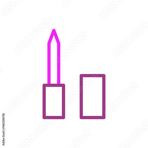 Minimalist depiction of a vibrant magenta lip gloss applicator with its container