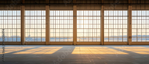 Empty Industrial Building Interior With Large Windows And Sunlight