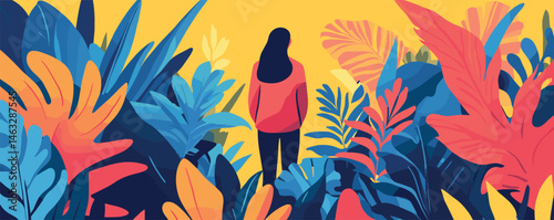 Woman surrounded by vibrant tropical foliage under bright yellow sky.