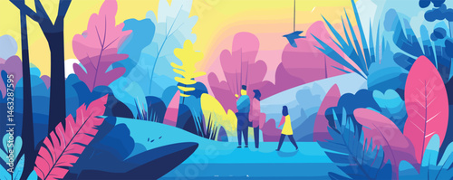 Family strolling in vibrant abstract nature setting with colorful plants and trees.
