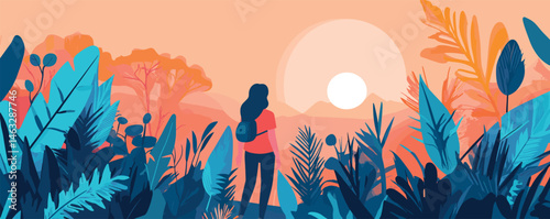 Woman hiking in vibrant sunrise landscape surrounded by lush foliage and mountains.