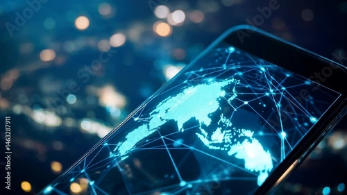 Futuristic Technology: Global Network Displayed on Smartphone with Night City Backdrop
