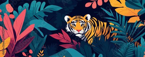 Vibrant tiger hidden amidst colorful jungle foliage at night.