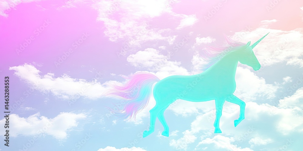 Fototapeta premium Pastel Unicorn Soaring Through Dreamlike Cloudscape: A Whimsical Fantasy Art