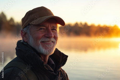 Man in hat and jacket stands by water.