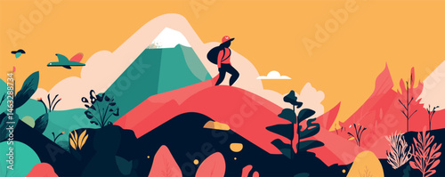 Hiker woman on vibrant mountain landscape with colorful peaks and lush foliage.