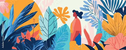 Colorful nature-inspired abstract artwork featuring woman amidst lush leaves and flowers.