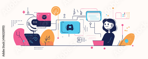 Futuristic meeting between robot and woman in colorful digital interface setting.