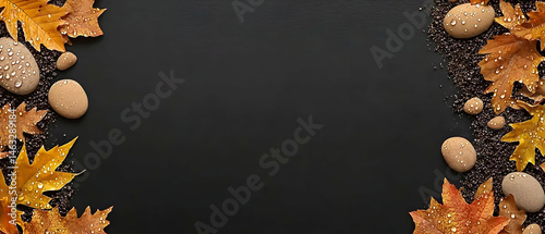 Autumn Leaves And Stones On Black Background