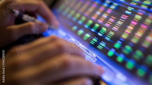 Close-up of hands typing on a laptop with colorful data visualization on the screen, showcasing analytics