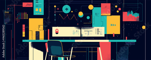 Abstract technology-themed office with desk, chair, and digital charts in vibrant colors.