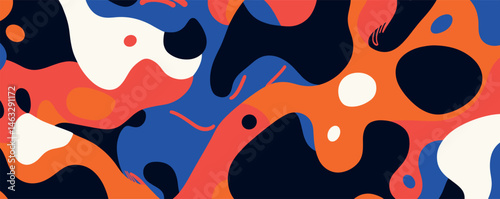 Colorful abstract shapes in modern artistic pattern with bold red, blue, and black curves.