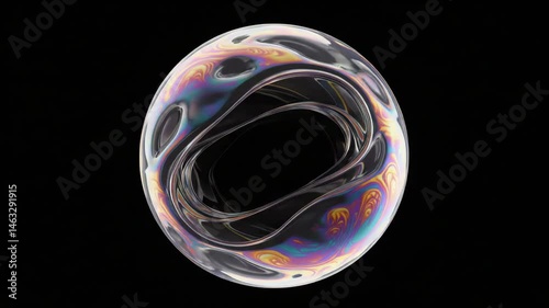 iridescent colors, dark background, soap bubble effect, rainbow hues, glossy surface, Abstract animation of iridescent bubble on black background, 4k looping video, 3d render, Abstract sphere, 