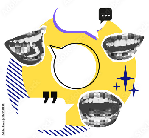 Collage of expressive halftone mouths with speech bubbles and colorful shapes in pop art style on white background, concept of conversation and expression