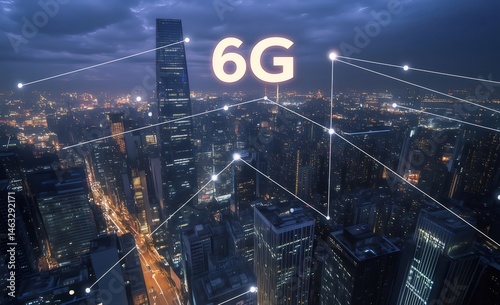 夜空に浮かぶ6G文字と光のネットワークで照らされた都市景観 未来的なデジタル通信を象徴する高層ビル群の夜景 photo