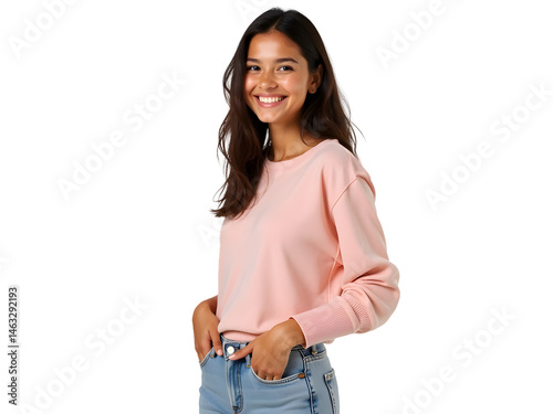 Confident Smiling Young Woman in Pink Sweatshirt and Jeans on on Transparent PNG Background
