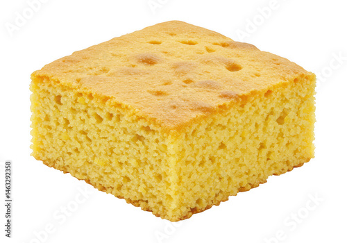 Close up view of a square piece of cornbread isolated on transparent background