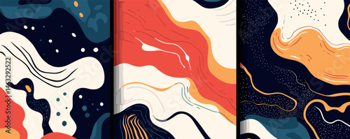 Abstract colorful fluid art panels with dynamic patterns and contrasting swirls.
