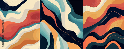 Abstract fluid waves art with multicolor curves and bold shapes in dynamic composition.