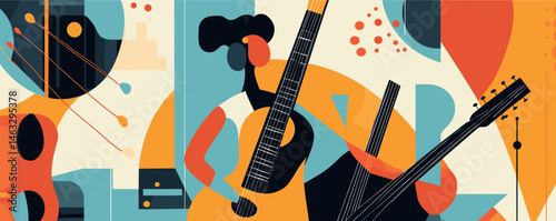 Abstract geometric art featuring two guitarists with colorful shapes in dynamic composition.