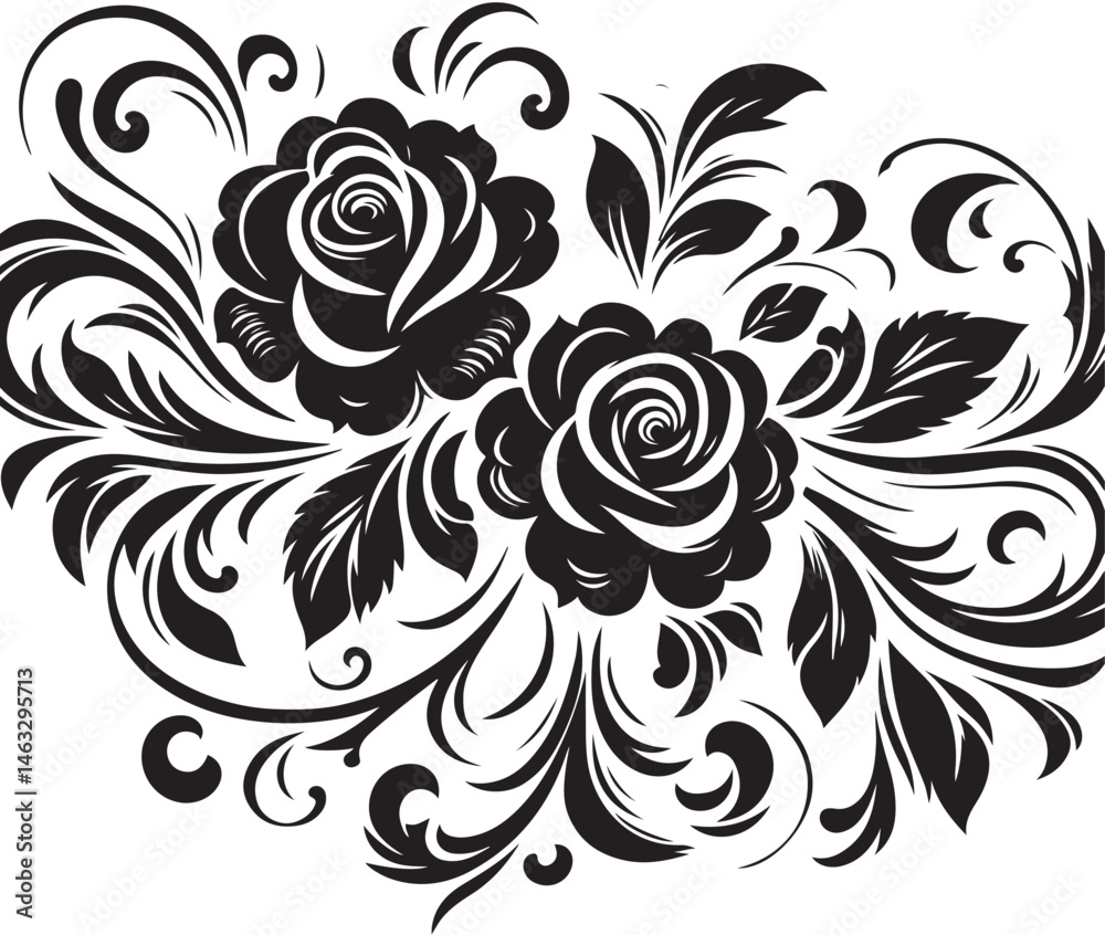Black Rose Floral Vector Design with Ornamental Swirls and Leaves – Elegant Decorative Flower Illustration for Tattoos, Invitations, and Digital Art Black Rose Floral Vector Design with Ornamental Swirls and Leaves – Elegant Decorative Flower Illustration for Tattoos, Invitations, and Digital Art