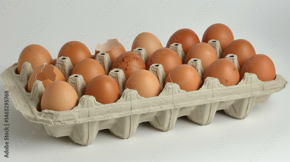 Carton of brown eggs with one speckled egg standing out among uniform shells Carton of brown eggs with one speckled egg standing out among uniform shells